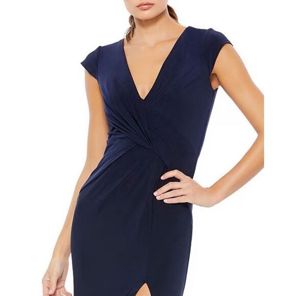 Mac Duggal Cap Sleeve Twist Front Jersey Column Gown in Navy NWOT Size 8 - Picture 3 of 6